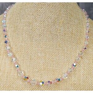 AB Coated Clear & Pink Facet Cut Glass Beaded Necklace 925 Sterling Clasp 18.5"